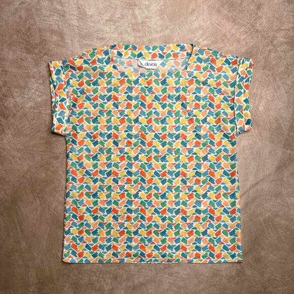 Vintage 70s Devon Woven Polyester Top Multicolor Geometric Short Sleeve Shirt - Picture 7 of 7